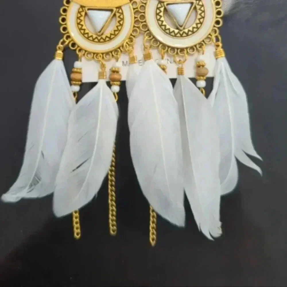 White Feather Fish Hook  Earrings with Chains NIP